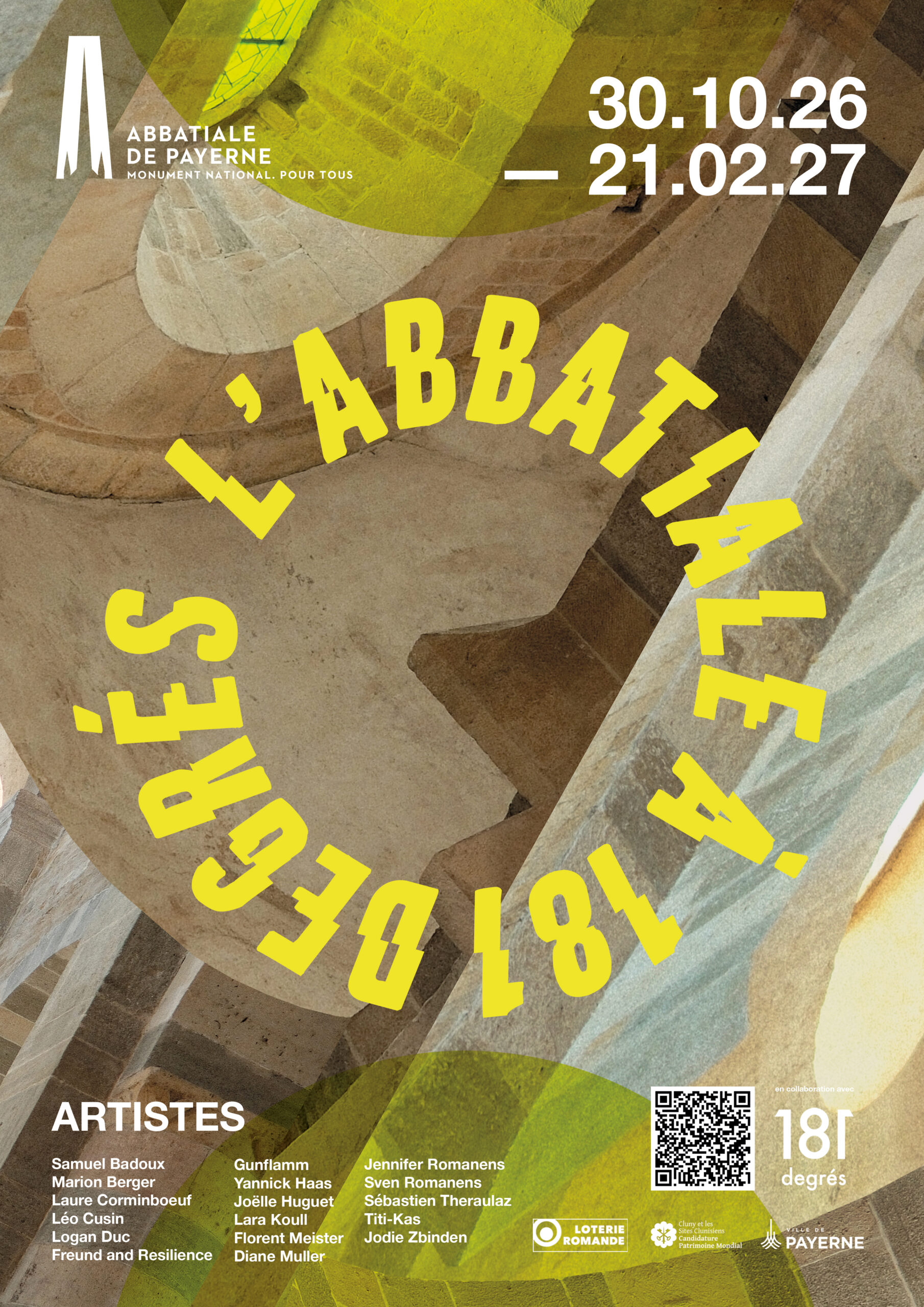 Affiche de l’exposition L’Abbatiale à 181 degrés, présentée à l’Abbatiale de Payerne du 30 octobre 2026 au 21 février 2027.